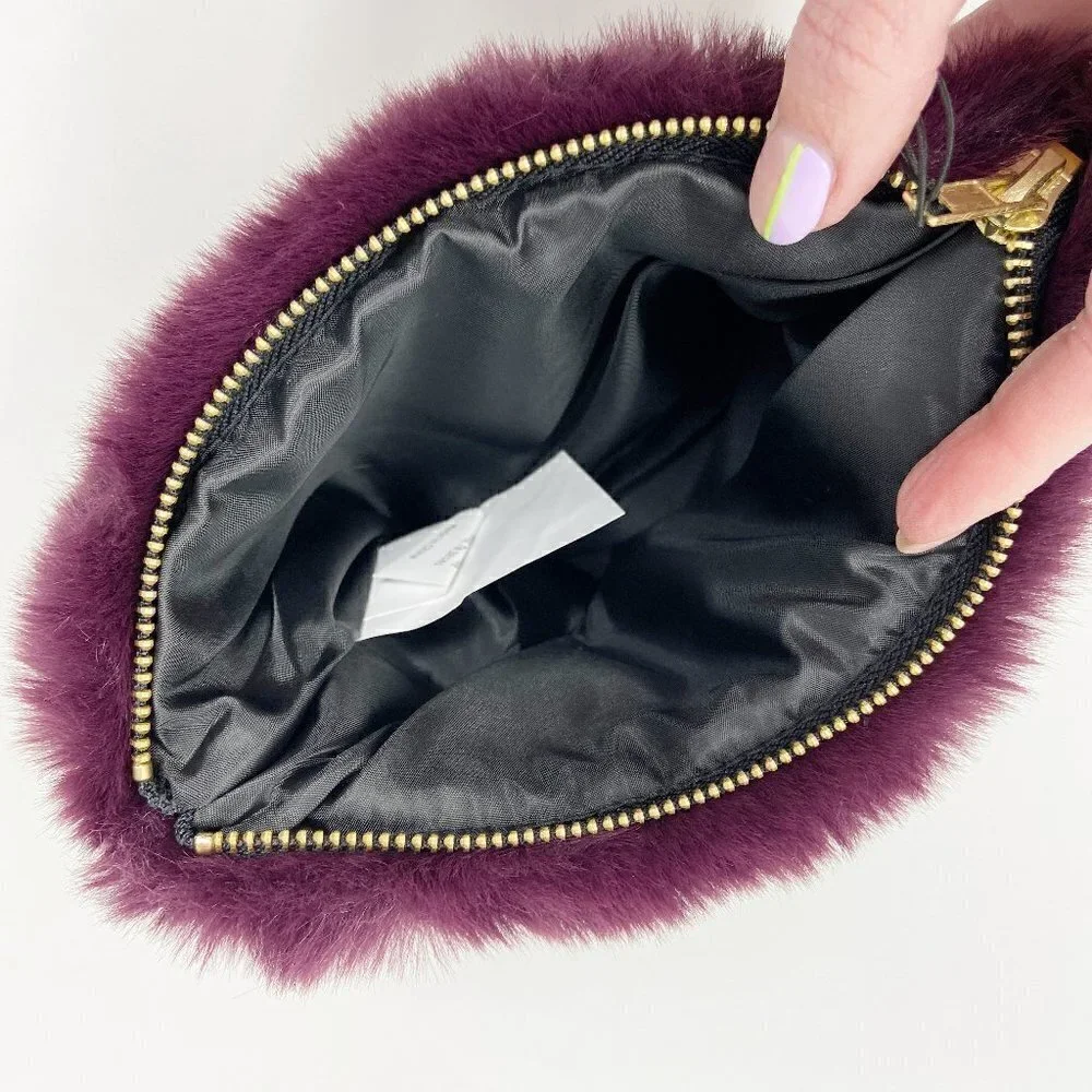 CREATIVE CO-OP | Wine Purple Faux Fur Zip Pouch Clutch